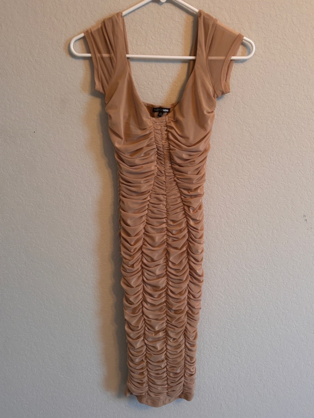 Bundle of 2. Fashion Nova Ruched Bodycon Midi Dress in Nude + Light Blue